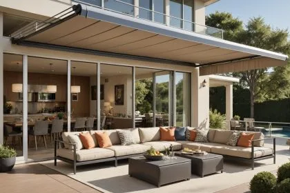 Auvent rétractable installé dans un jardin moderne et accueillant