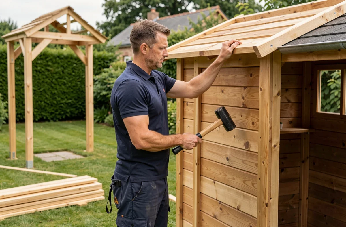 Installateur Abris Jardin Mayenne assemblant un abri de jardin en bois