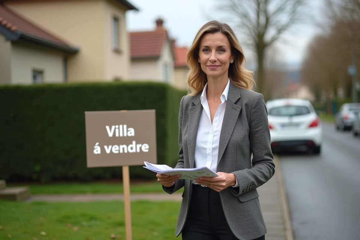 Agent immobilière tenant un prospectus devant une maison pavillonnaire avec panneau villa à vendre illustrant l'abus de langage