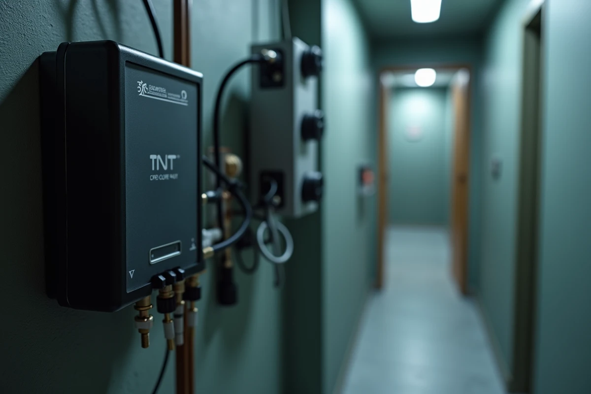 Gros plan sur un amplificateur de signal TNT branché sur un répartiteur coaxial dans une installation domestique
