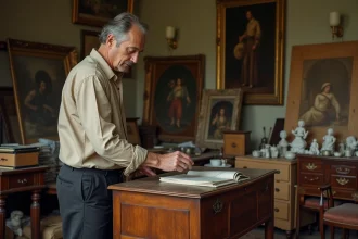 Antiquaire examinant un bureau en bois ancien lors d'un débarras de maison à Caen