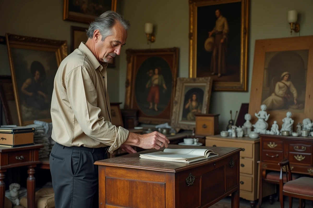 Antiquaire examinant un bureau en bois ancien lors d'un débarras de maison à Caen