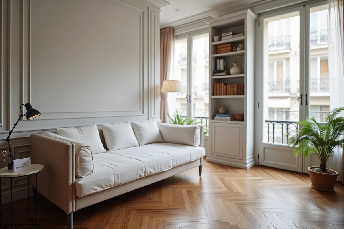 Appartement parisien style haussmannien préparé pour une location Airbnb, avec clés et livret d'accueil sur la table basse