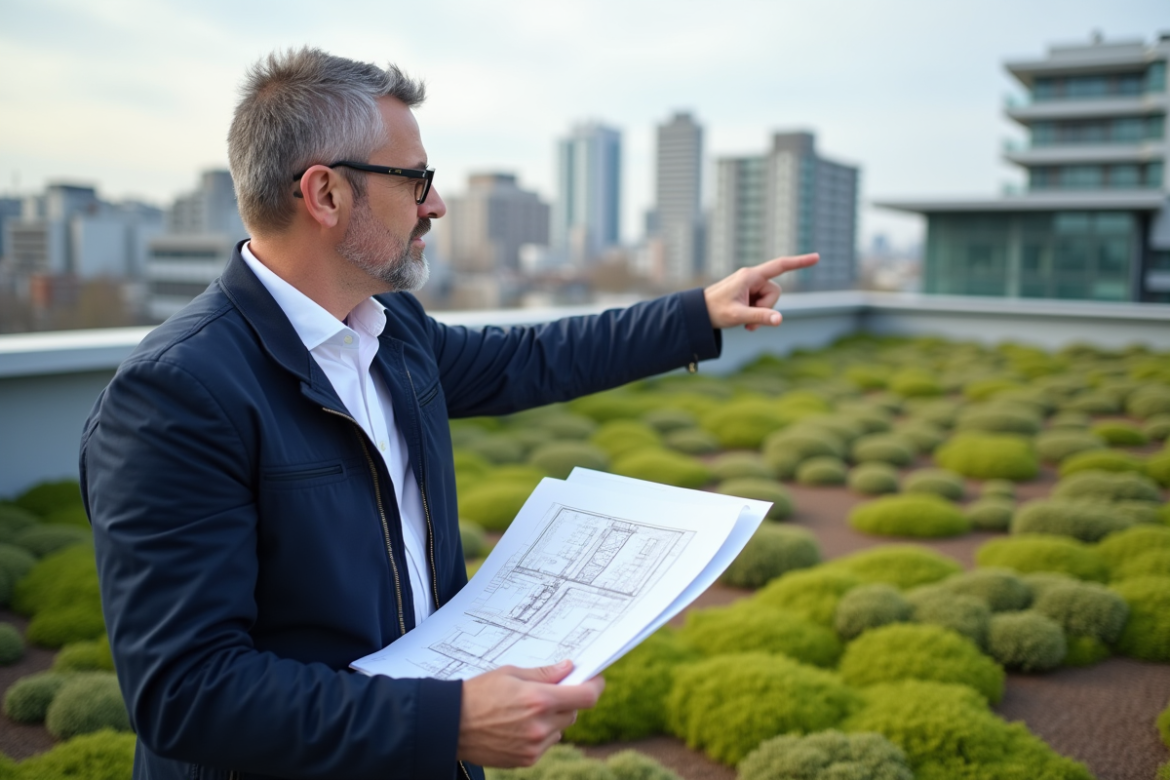 Architecte urbain sur toit vert avec plans et horizon
