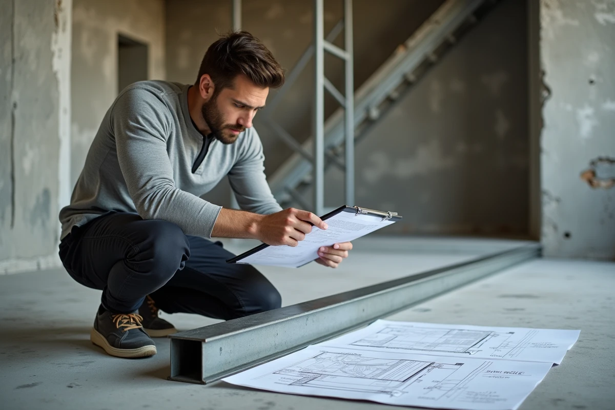 Architecte comparant un devis de pose d'IPN métallique avec des plans techniques sur un chantier de rénovation appartement
