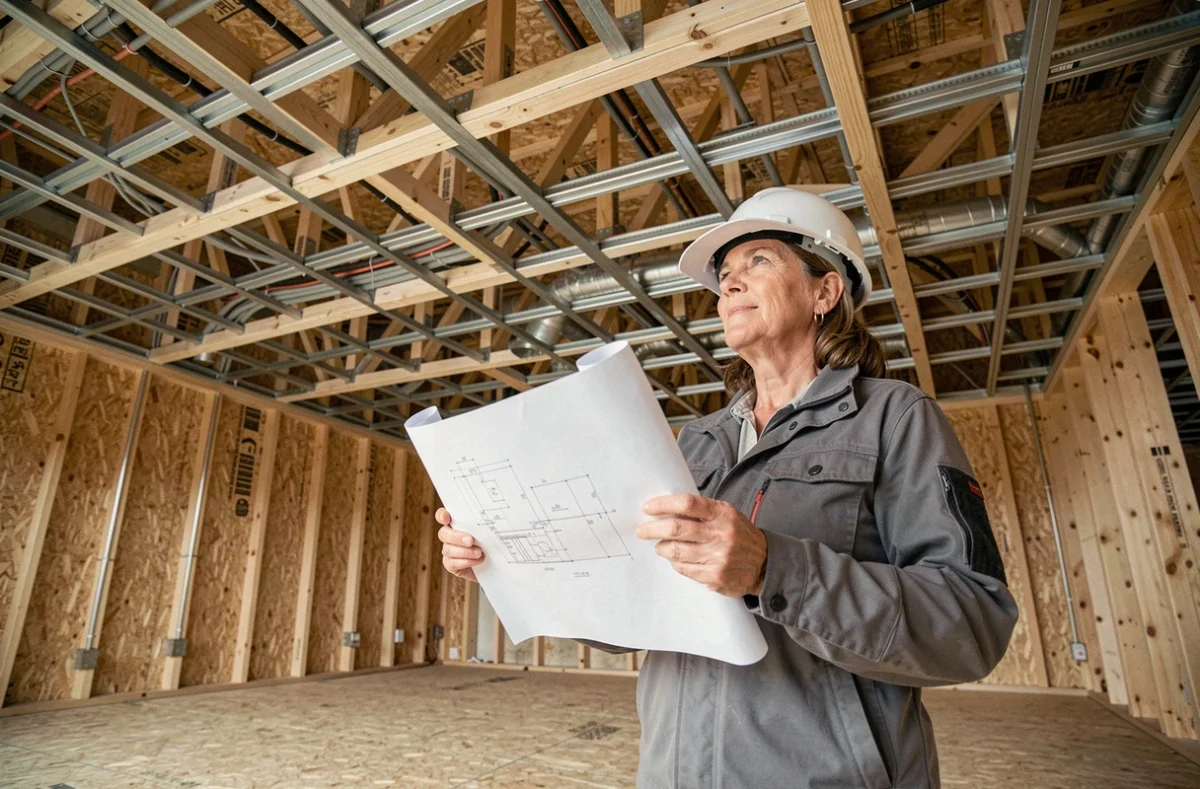 Architecte inspectant une ossature de plancher avec poutres POSI installées dans un bâtiment en construction