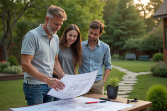 Paysagiste montrant des plans à un couple dans un jardin