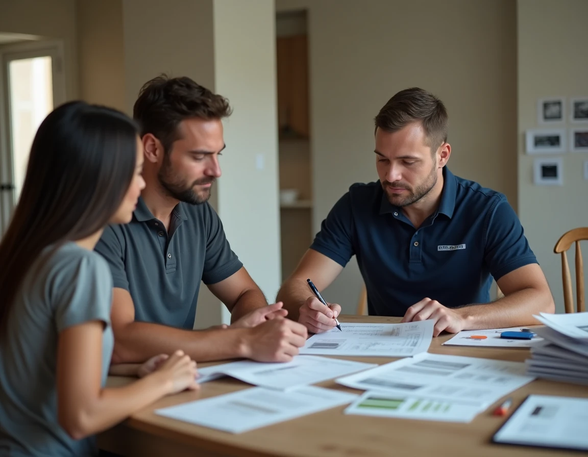 Artisan présentant un devis de rénovation à un couple de propriétaires dans un salon en travaux