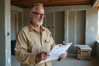 Artisan consultant une estimation de rénovation sur un chantier de cuisine en travaux