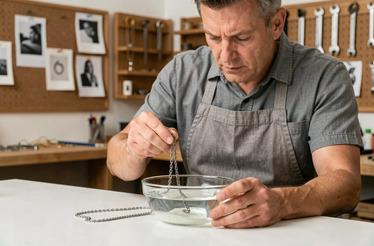 Artisan bijoutier plongeant un collier en argent terni dans un bol d'eau savonneuse dans un atelier