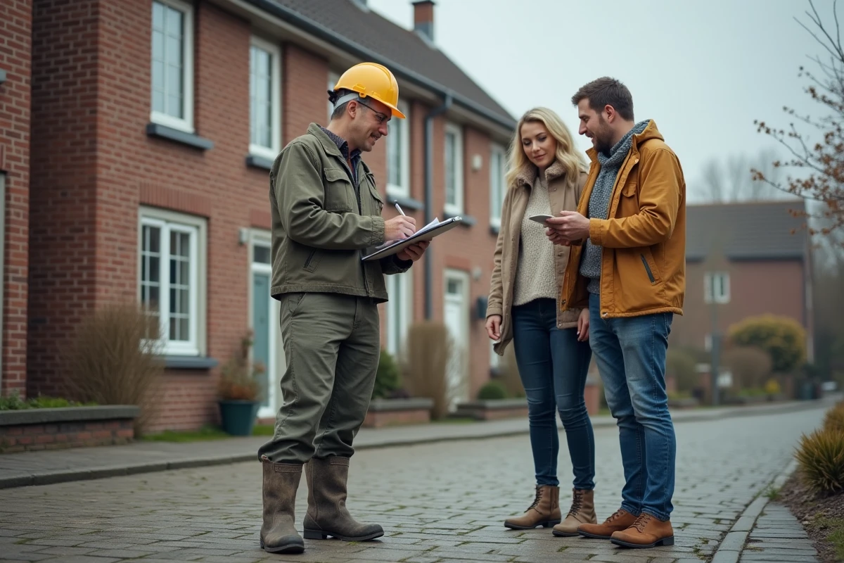 Artisan évaluant les travaux de façade d'une maison belge en présence des propriétaires lors d'une visite de devis