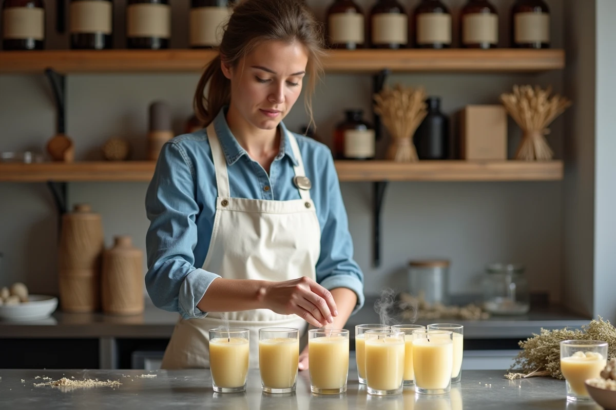 Artisane française versant de la cire biologique fondue dans des contenants en verre dans son atelier de fabrication de bougies parfumées