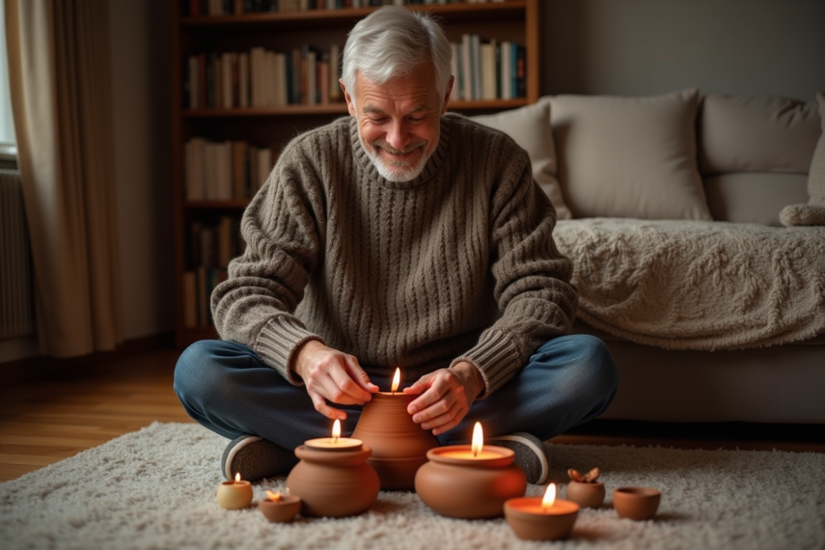 Homme d'âge moyen assemble une bougie maison dans un salon chaleureux