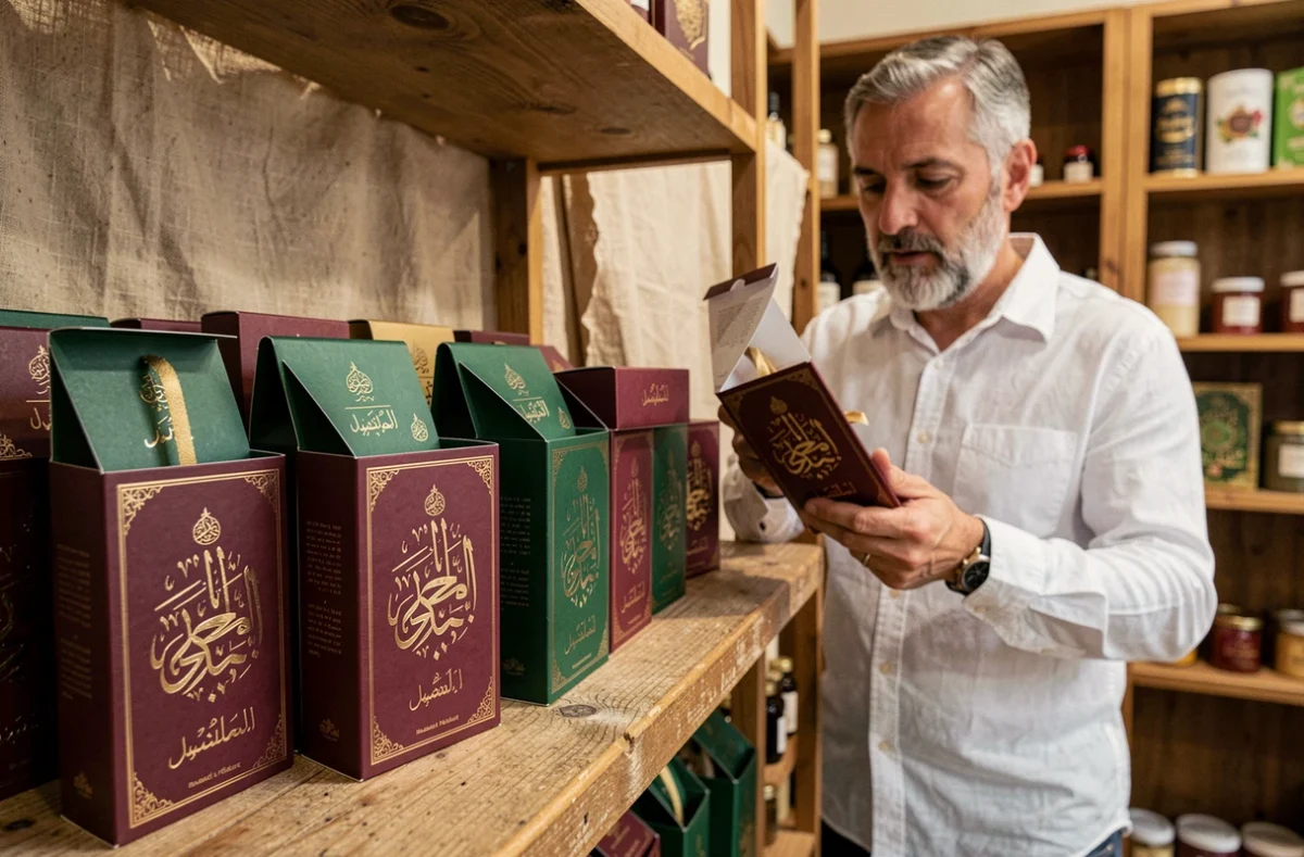 Assortiment de coffrets de bakhour encens avec emballage calligraphie arabe et dorure dans une boutique de parfumerie spécialisée