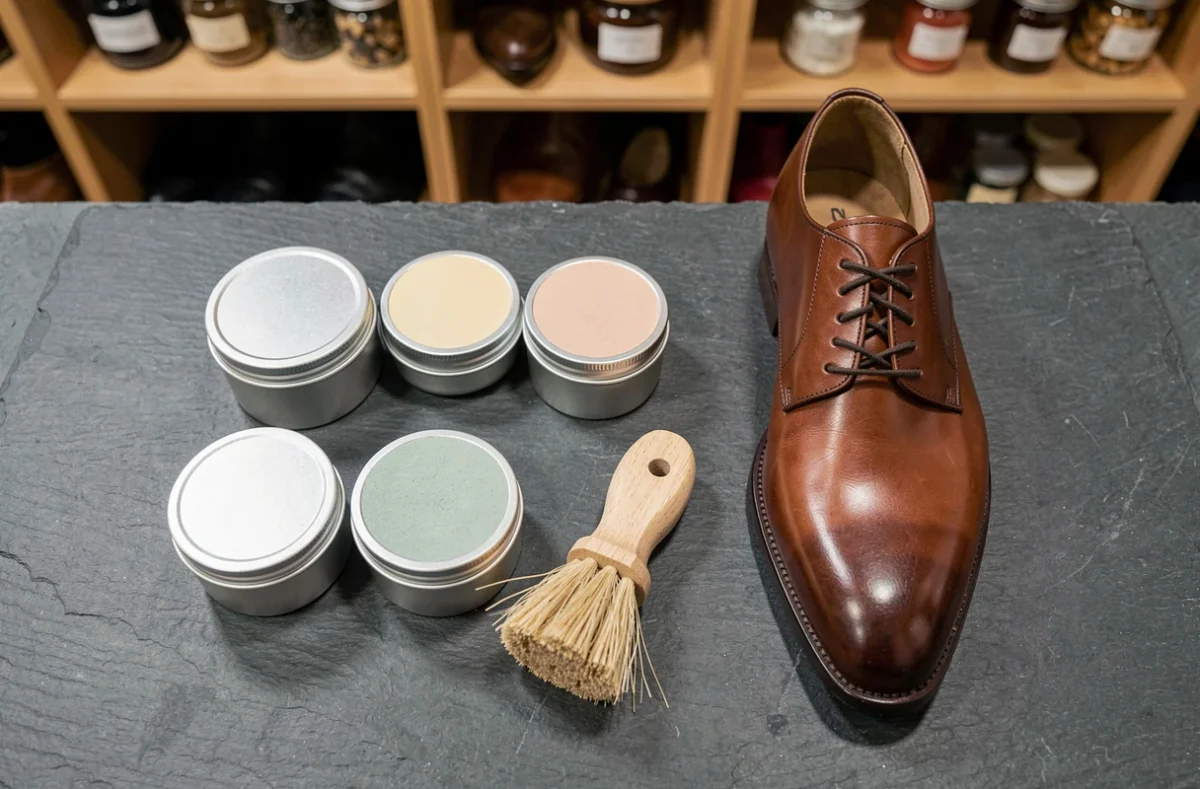 Assortiment de graisses pour chaussures en cuir et accessoires d'entretien disposés en flat-lay sur une ardoise sombre dans une boutique