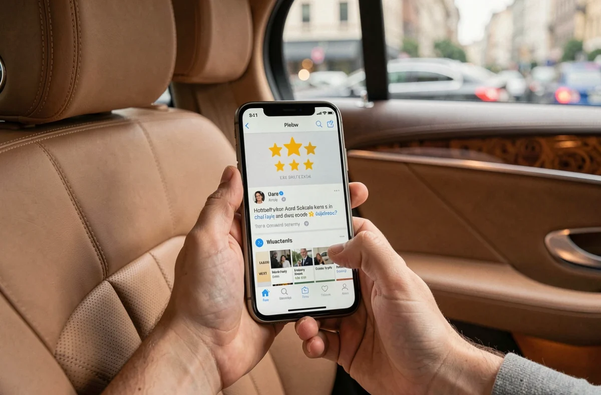 Passager laissant un avis cinq étoiles sur smartphone à l'intérieur d'un véhicule VTC premium Chaufferapide