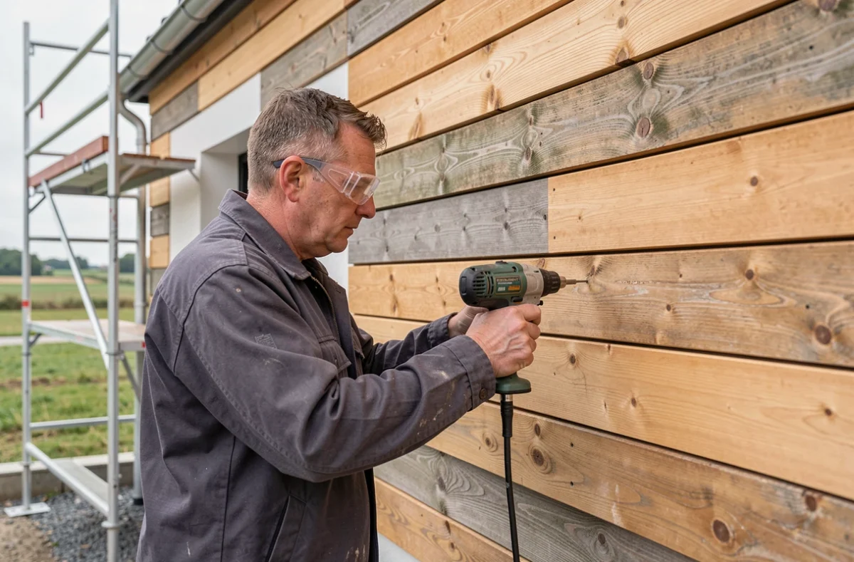 Spécialiste Bardage Ouest Mayenne posant un bardage en bois sur une maison moderne