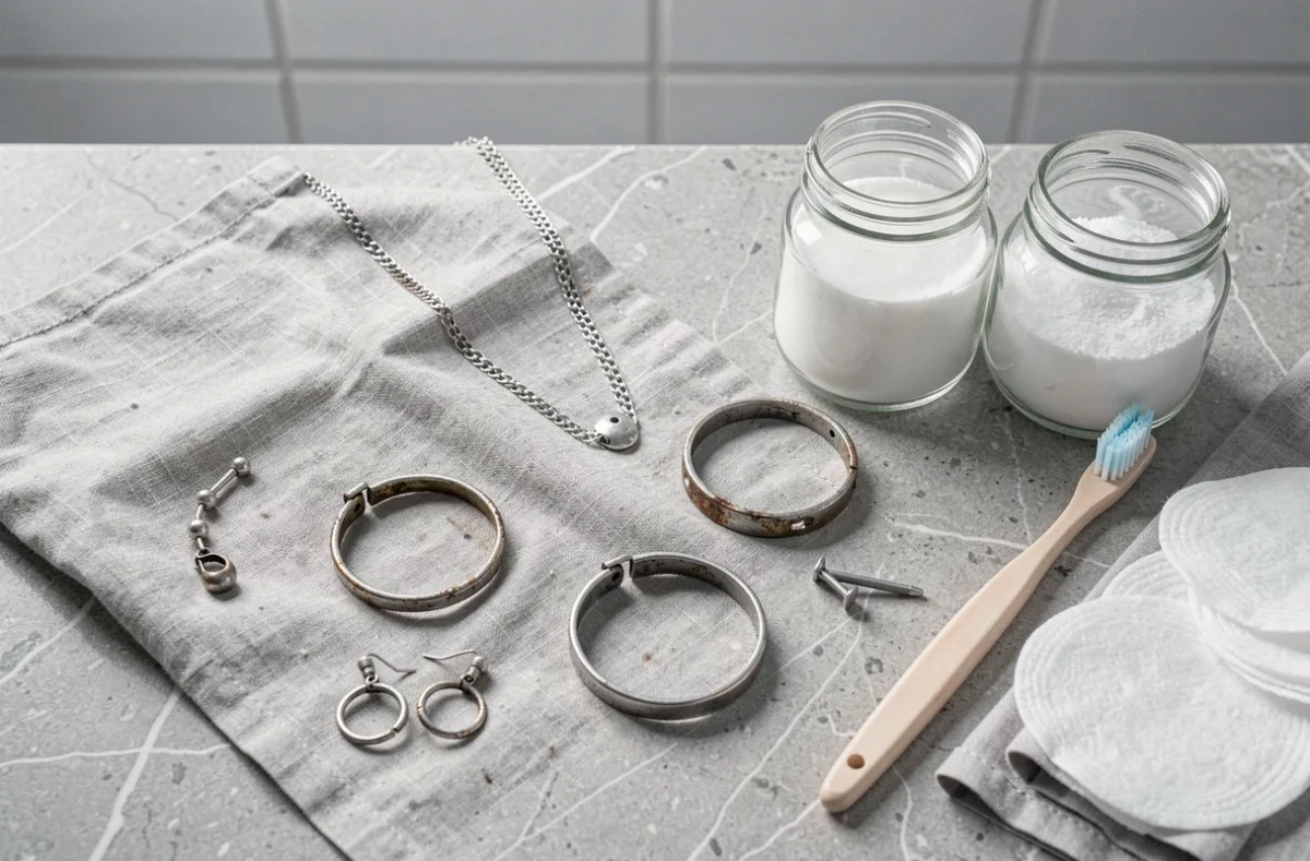 Bijoux en argent oxydé posés sur lin avec produits naturels de nettoyage vus de dessus