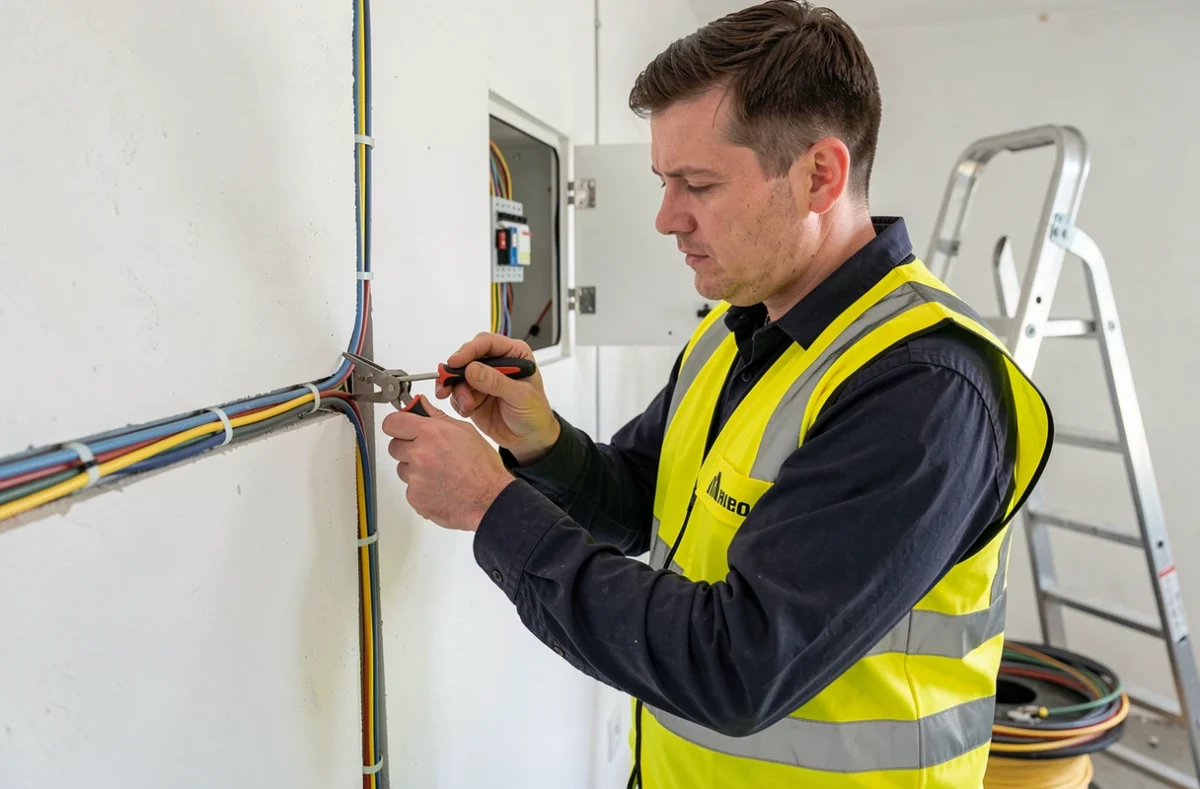 Électricien BL Élec installant des câbles électriques dans une maison rénovée en Mayenne