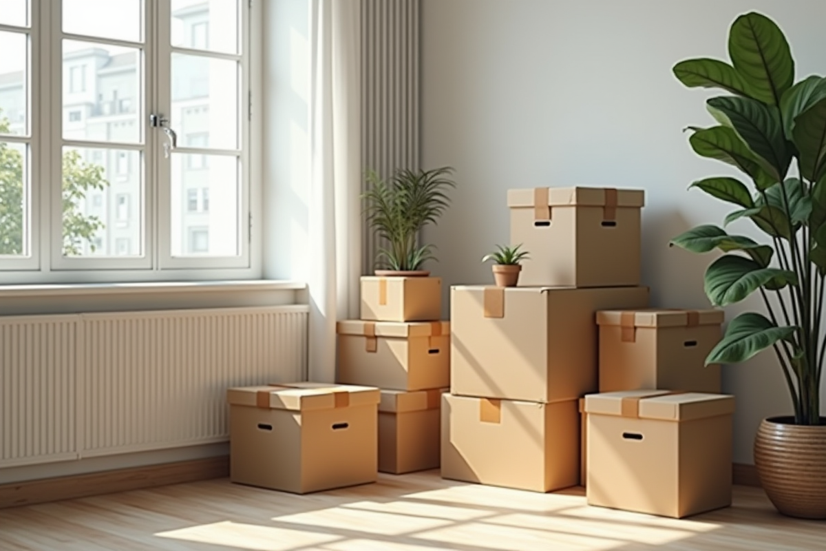 Boîtes rangées dans un salon lumineux avec plante verte