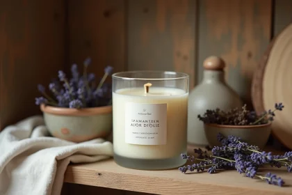 Bougie artisanale en cire de soja dans un bocal en verre dépoli, posée sur une étagère en bois rustique avec des brins de lavande séchée, ambiance maison de campagne française