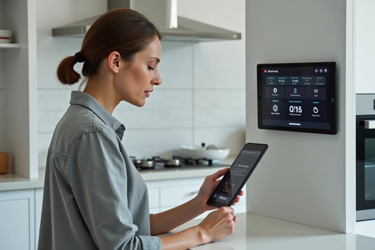 Femme configurant une box domotique avec interface de contrôle des volets roulants Somfy sur tablette murale