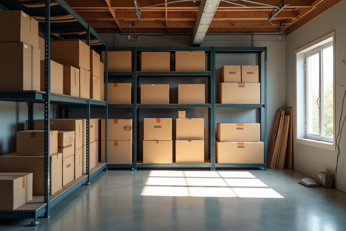 Boîtes de déménagement empilées dans un garage lumineux