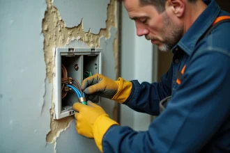 Électricien connectant trois fils électriques colorés dans une prise encastrée sur un mur ancien lors d'une rénovation résidentielle