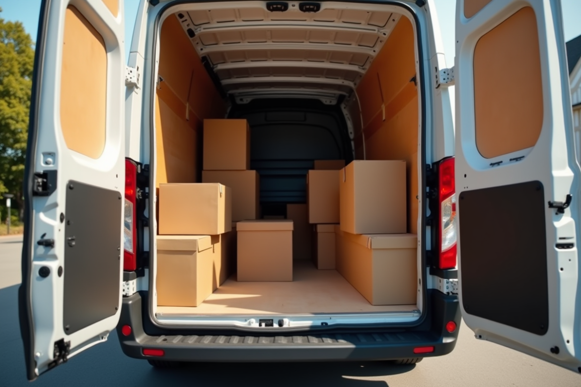 Camion de déménagement ouvert avec boxes et meubles bien rangés
