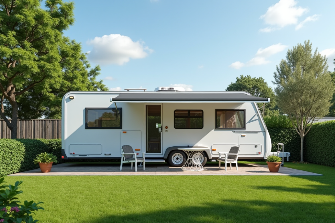 Caravane blanche moderne sur un jardin privé avec mobilier extérieur