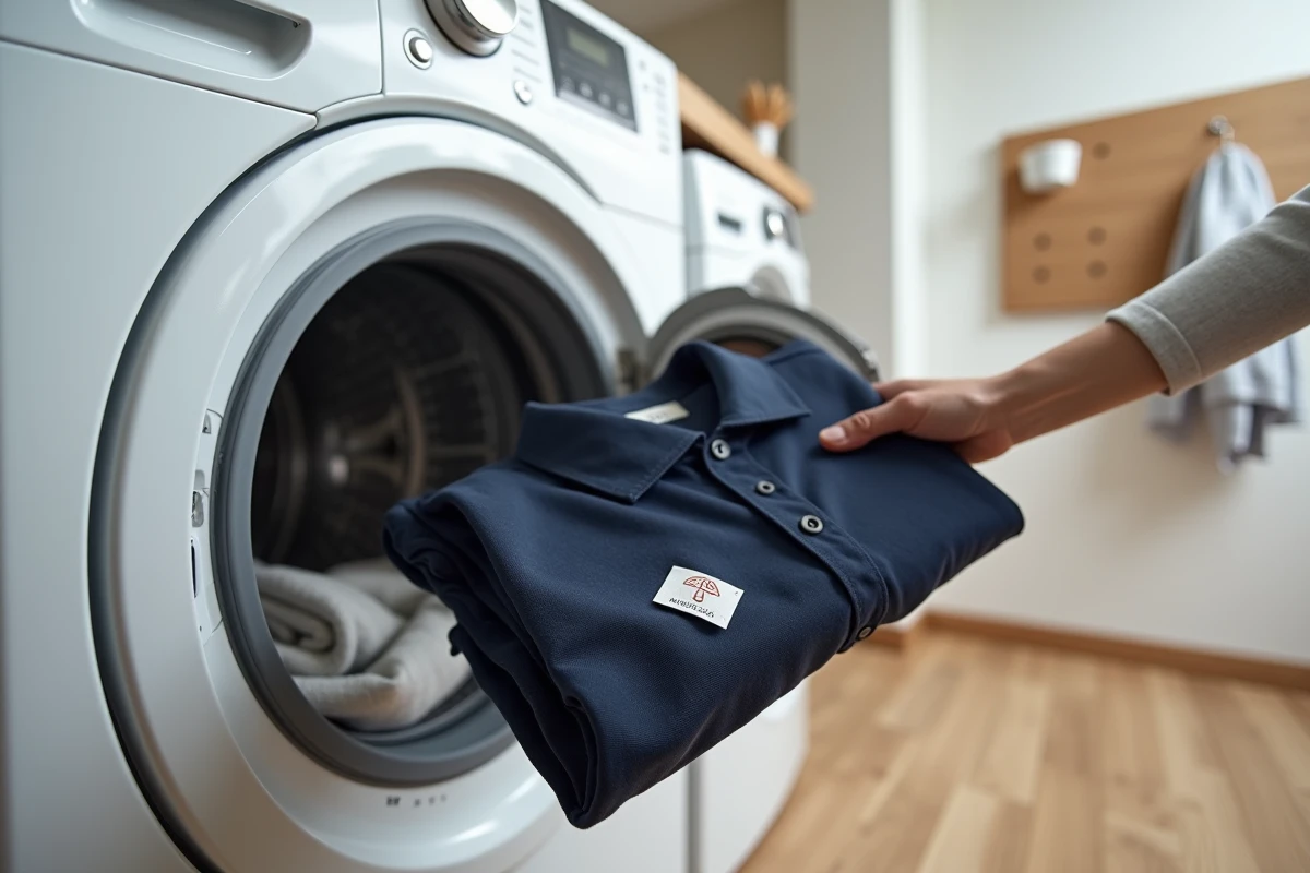 Chargement d'un vêtement en machine à laver avec étiquette pictogramme lavage machine visible sur l'encolure
