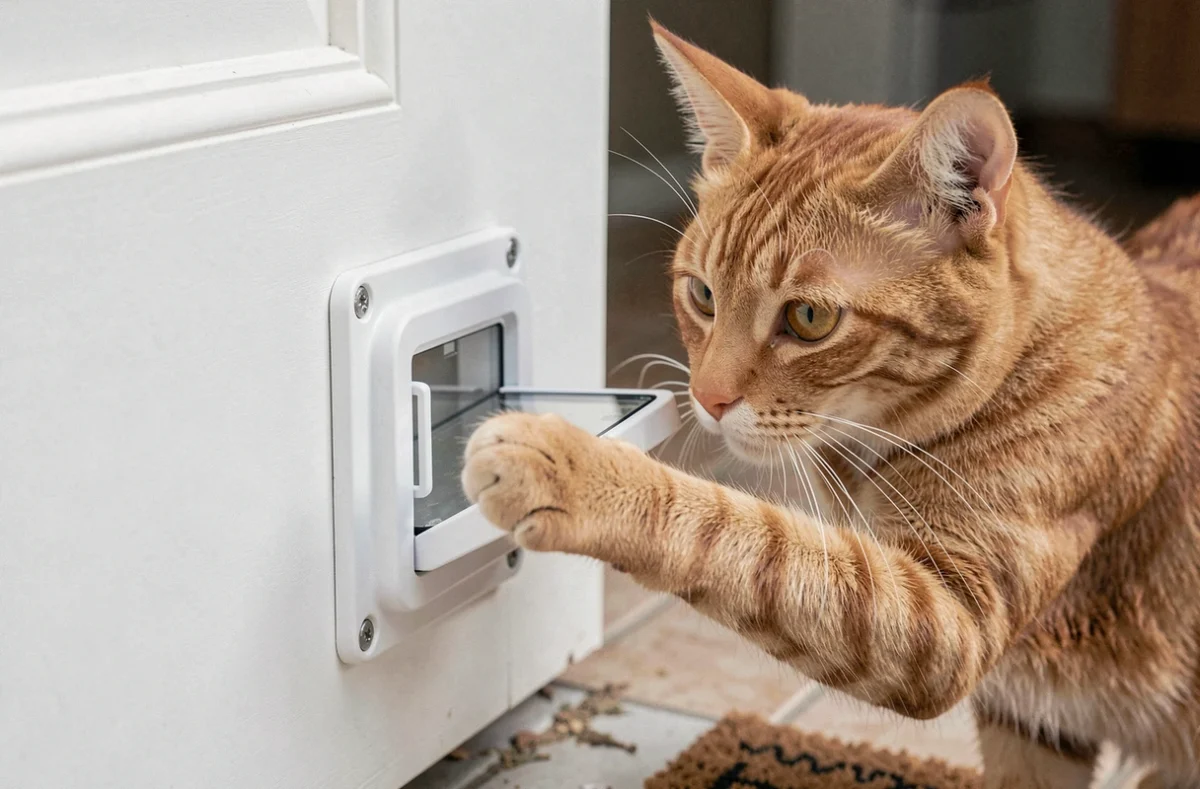 Chat tigré passant à travers une chatière blanche installée dans une porte PVC