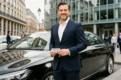 Chauffeur professionnel en costume sombre devant une berline noire à Paris, illustrant le service Chaufferapide