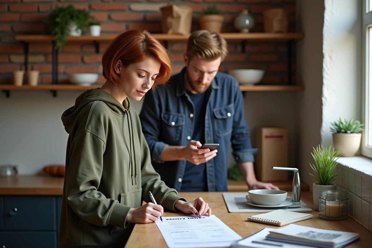 Femme cochant une checklist de déménagement dans la cuisine pendant que son partenaire vérifie les informations sur son téléphone
