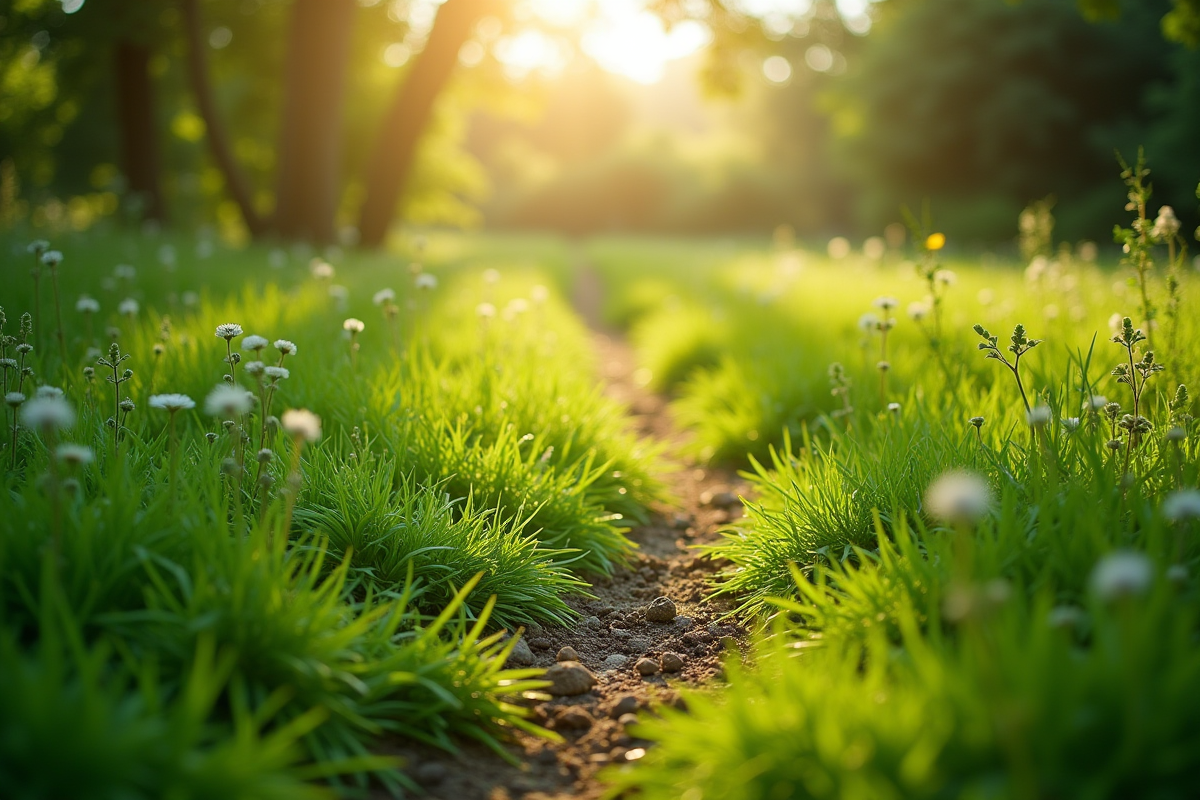 Sentier de jardin vert après désherbage au matin ensoleillé