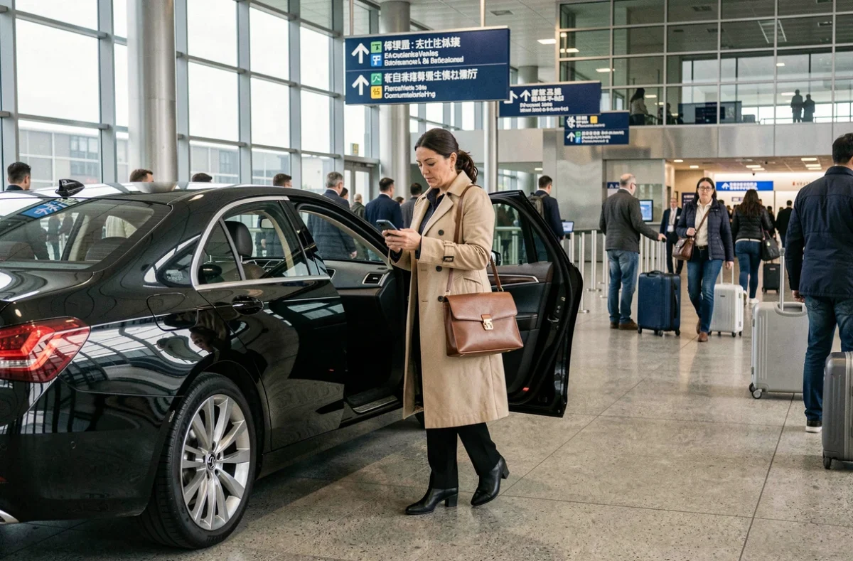 Femme d'affaires descendant d'un véhicule de service VTC à l'aéroport, service de transport premium Chaufferapide
