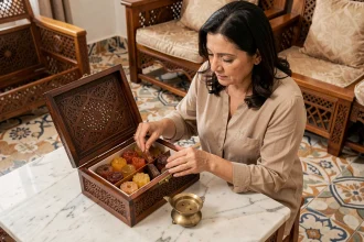 Coffret cadeau de bakhour encens arabique présenté sur marbre avec brûleur en laiton et pièces de résine ambre dans un salon oriental