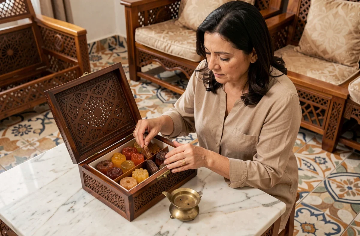 Coffret cadeau de bakhour encens arabique présenté sur marbre avec brûleur en laiton et pièces de résine ambre dans un salon oriental