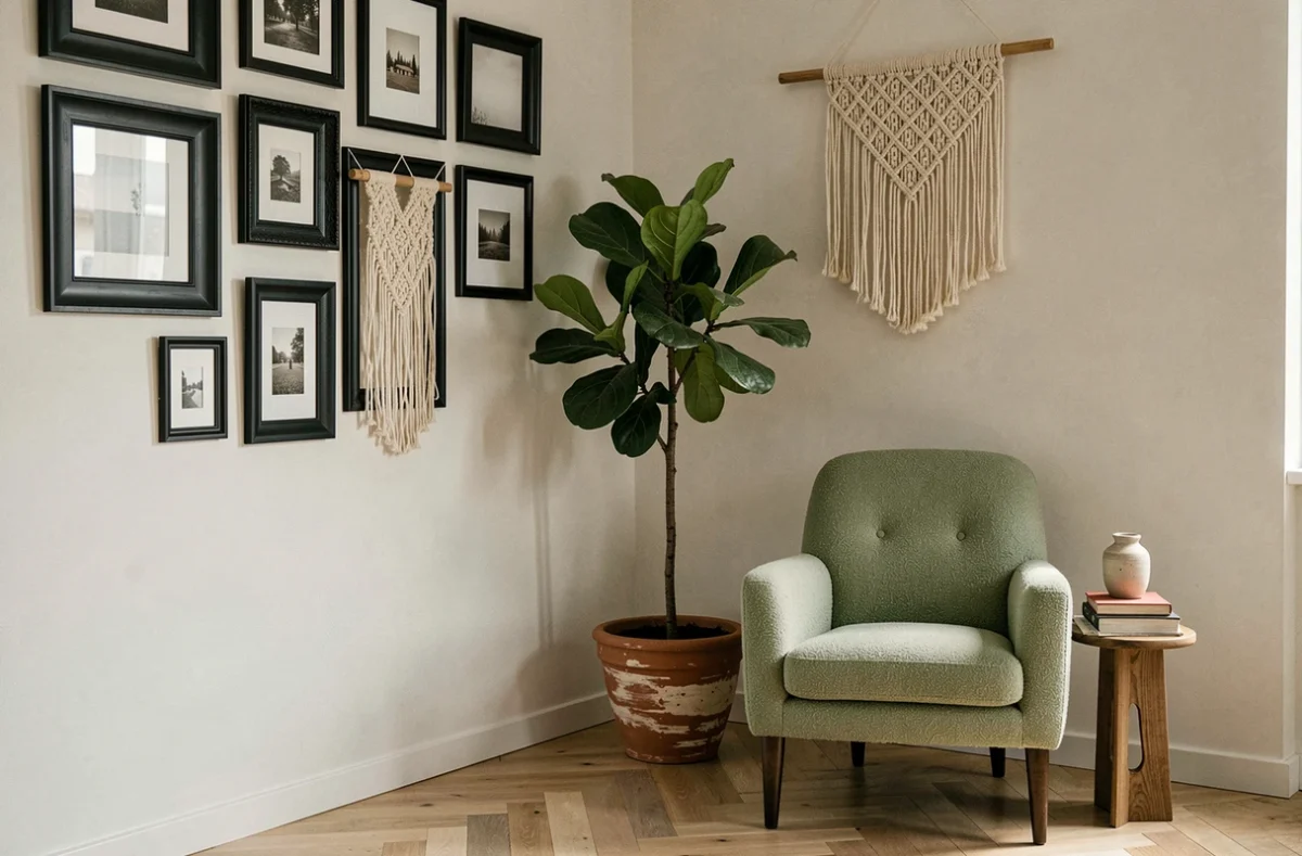Coin salon modernisé avec galerie murale, fauteuil rénové en bouclé vert sauge et plante d'intérieur dans un pot en terre cuite peint