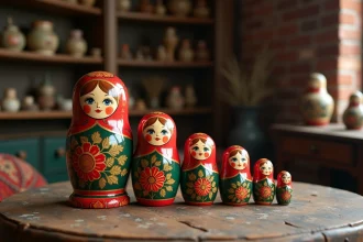 Collection de poupées matriochka russes vintage alignées sur une table en bois ancien dans une boutique d'antiquités