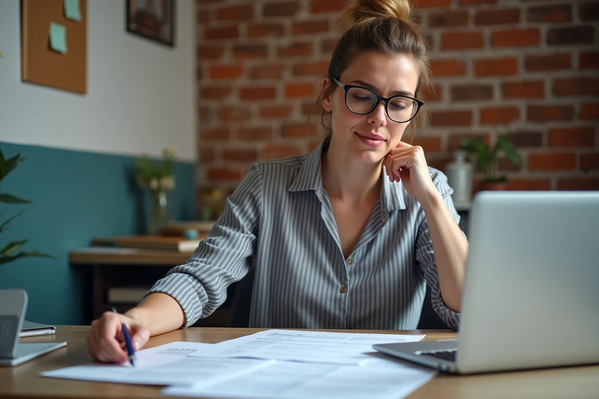 Femme comparant plusieurs devis de travaux sur son bureau à domicile avec un ordinateur portable ouvert