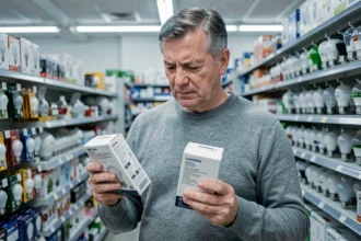 Homme comparant les emballages de deux ampoules LED en magasin, lisant les informations sur les lumens et la consommation en watts