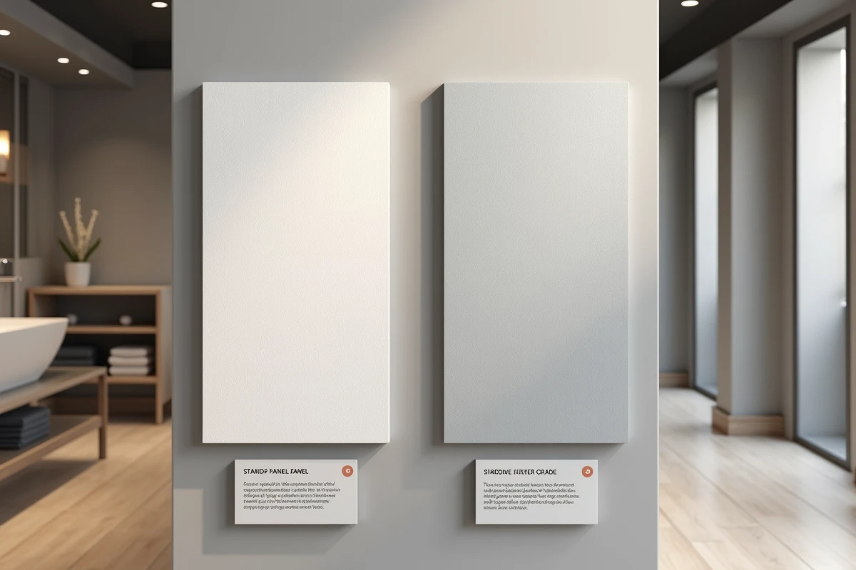 Comparaison de deux plaques PVC en showroom dont une spéciale zone humide pour douche avec fiches techniques