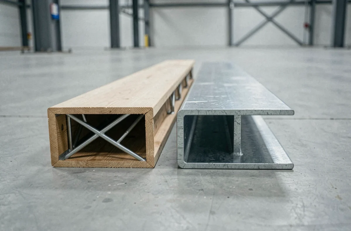Comparaison côte à côte d'une poutre POSI et d'une poutre en I acier sur sol en béton