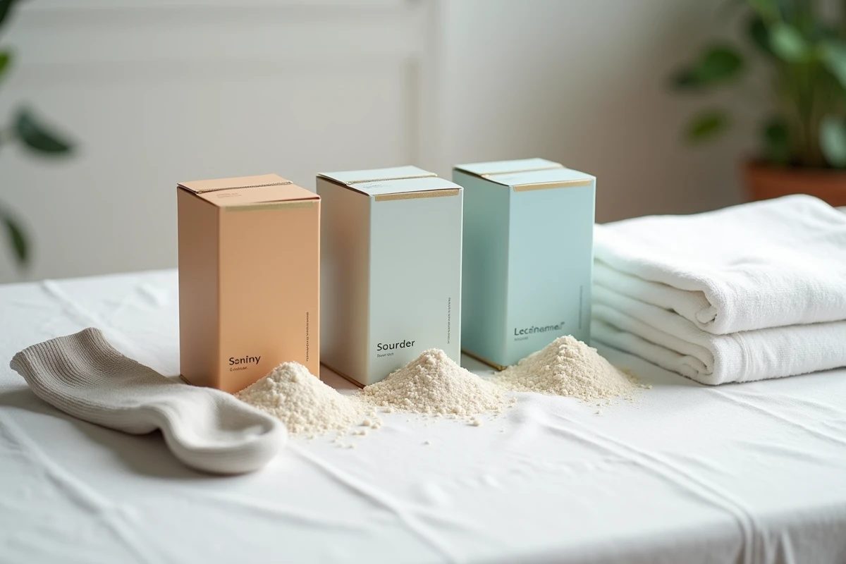 Comparatif de trois boîtes de lessive en poudre en vue du dessus sur fond de lin blanc avec chaussette tachée et serviette propre
