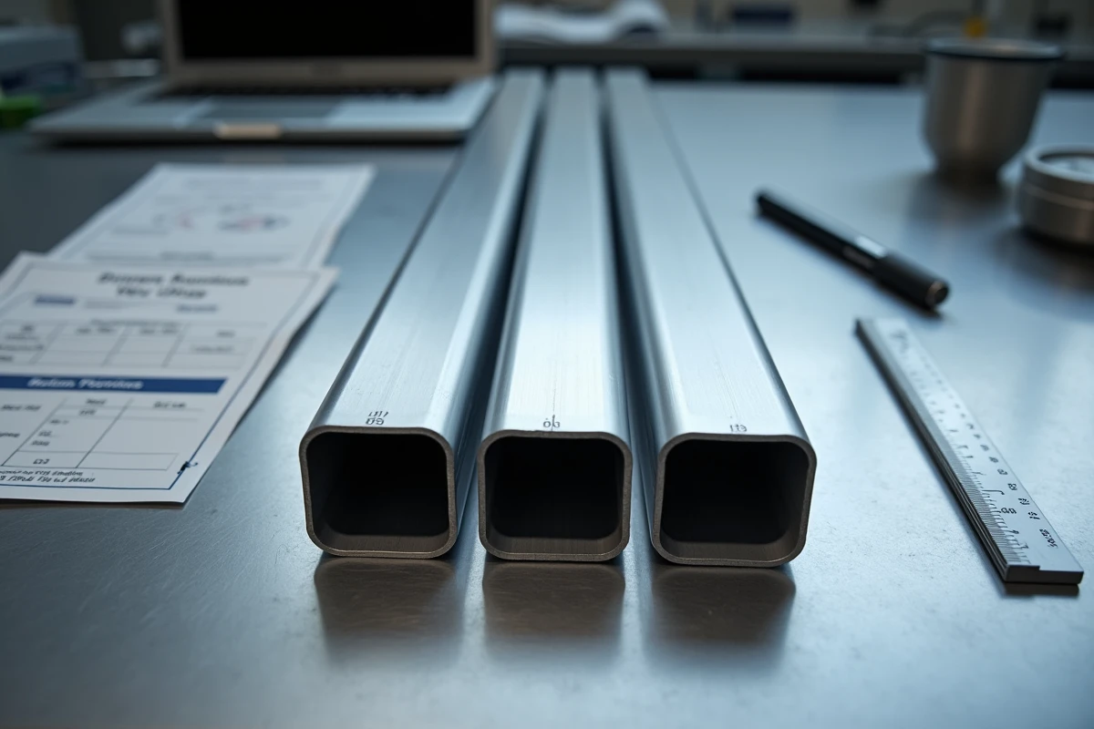 Vue de dessus d'une table de travail avec tubes aluminium rectangulaires, fiche technique de tolérances et comparatif de prix pour profilés industriels 2026