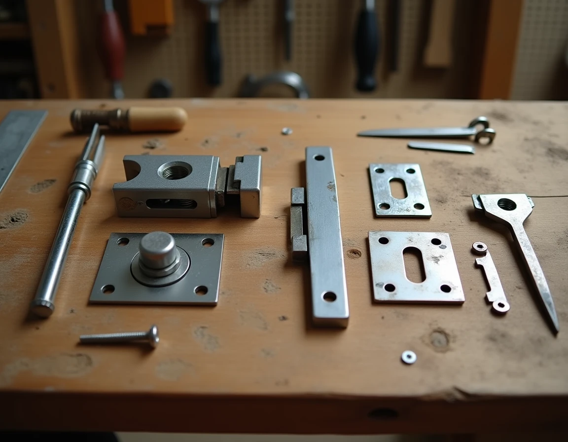 Composants de serrure démontés sur un établi d'atelier, pêne, gâche et vis arrangés méthodiquement