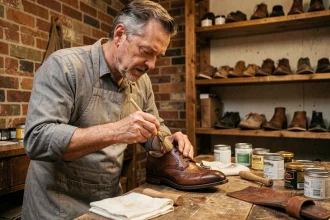 Cordonnier appliquant de la graisse pour chaussure en cuir sur un Oxford avec une brosse en crin dans un atelier rustique