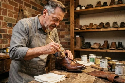 Cordonnier appliquant de la graisse pour chaussure en cuir sur un Oxford avec une brosse en crin dans un atelier rustique