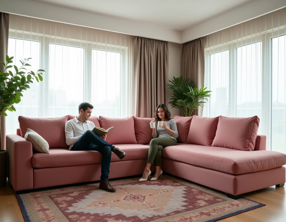 Couple détendu sur canapé méridienne recouvert d'une housse extensible rose chic dans salon contemporain